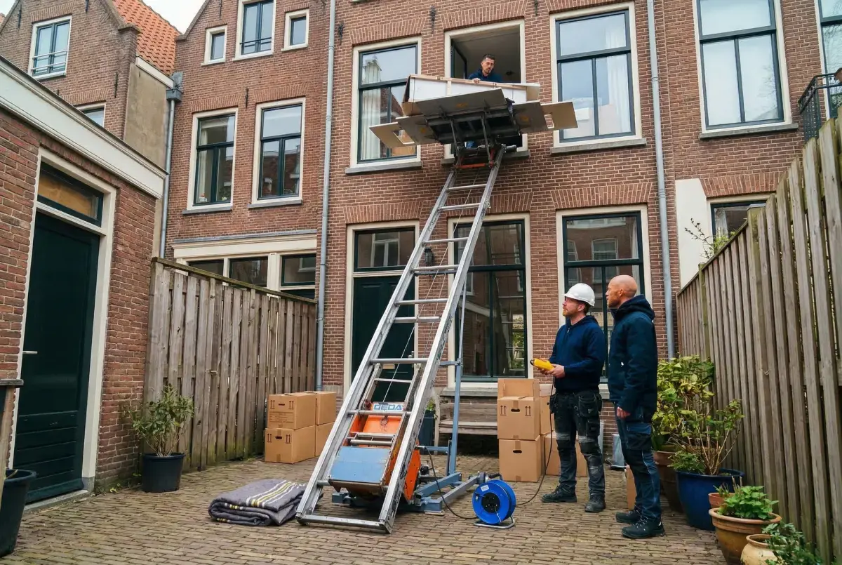 Team plaatst verhuislift bij flat Amsterdam